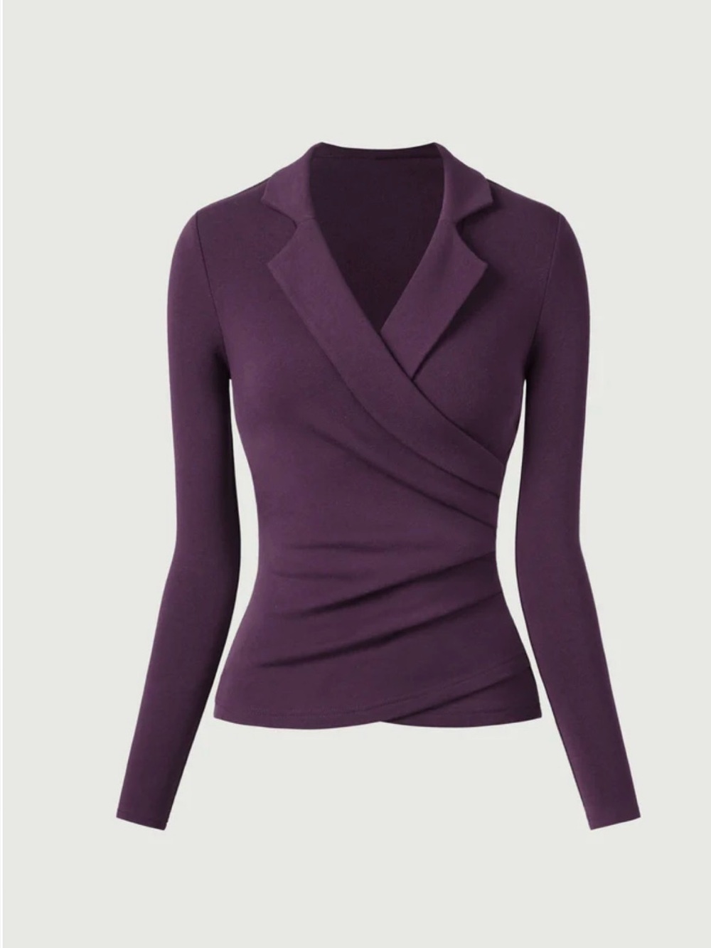 OGLmove Eco Mousse Collared Surplice Faux Wrap Ruched Waist Long Sleeve Dark Fig - Picture 2 of 11